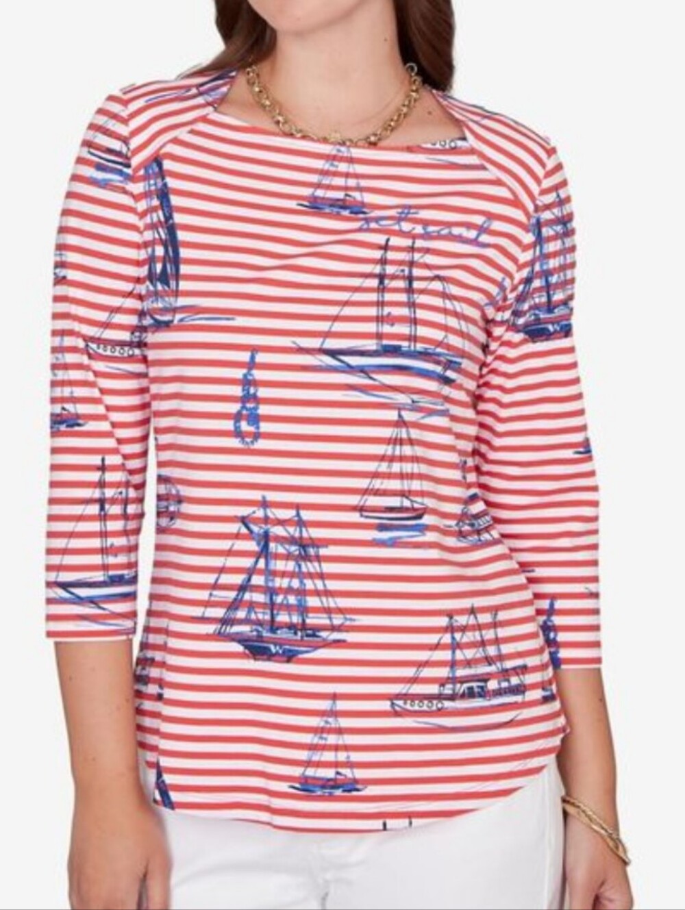 Red White Striped Nautical Top Sailing Coastal Embroidered Size L